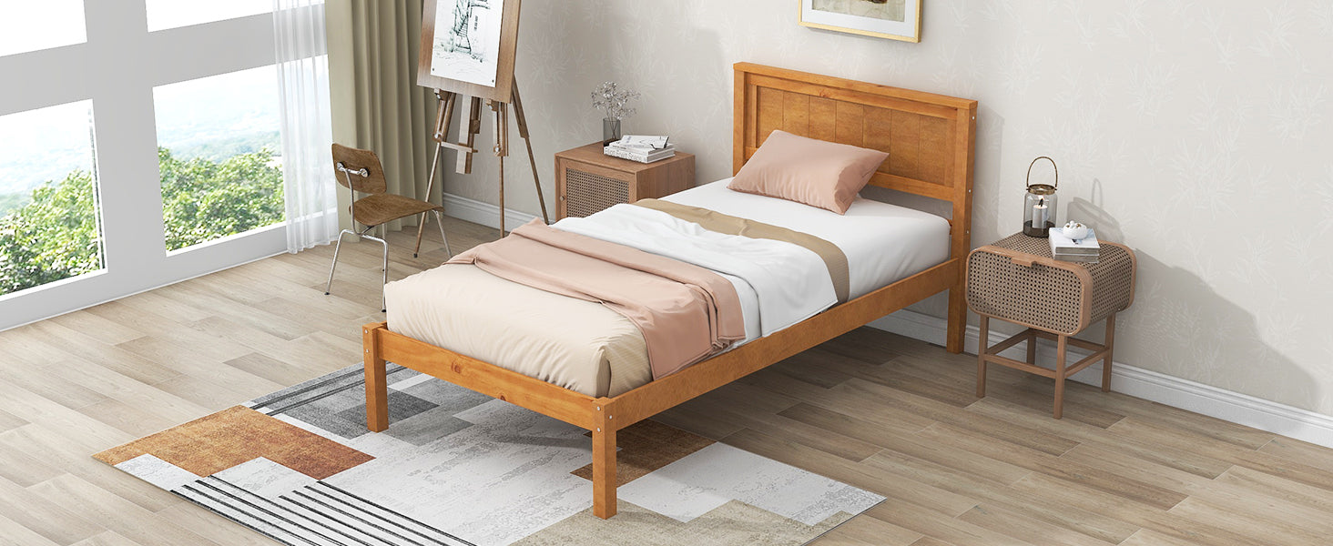Platform Bed Frame with Headboard Wood Slat Support No Box Spring Needed Twin Oak
