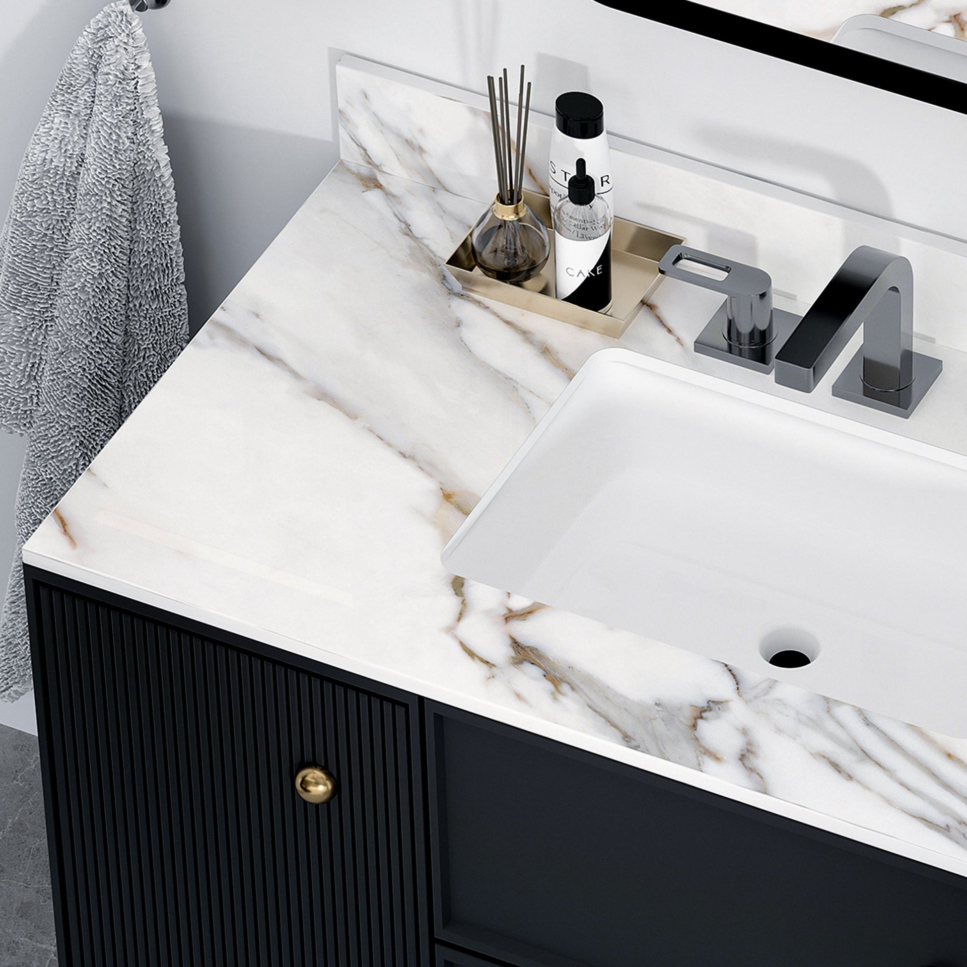 43 inch marble countertop with base rectangular central sink and 4-inch high splash guard, pre drilled 8-inch faucet hole ,white