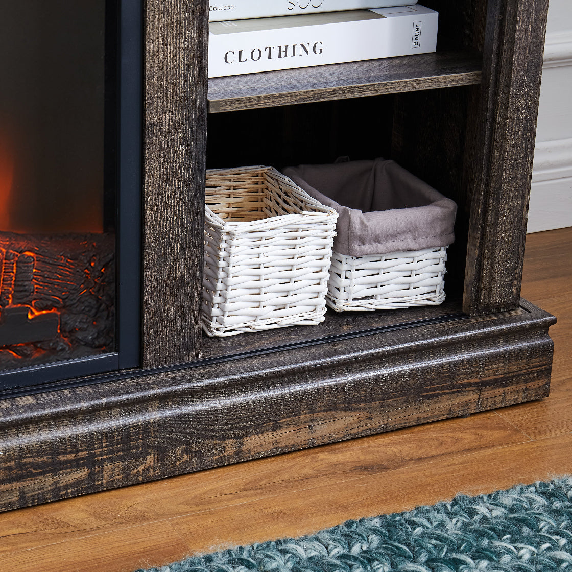 Wooden shelf with baskets in front of a fireplace