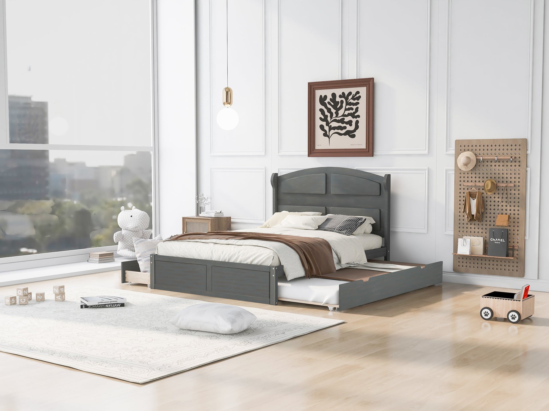 Wood Queen Size Platform Bed with Twin Size Trundle and 2 Drawers Antique Gray