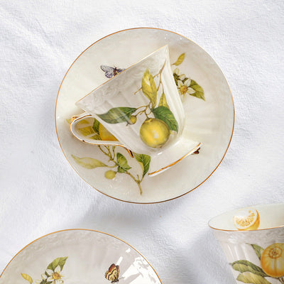 European - style Elegant Lemon Espresso Cups Set: Includes Tea Cups, Saucers, Ceramic Mugs, and a Dessert Plate