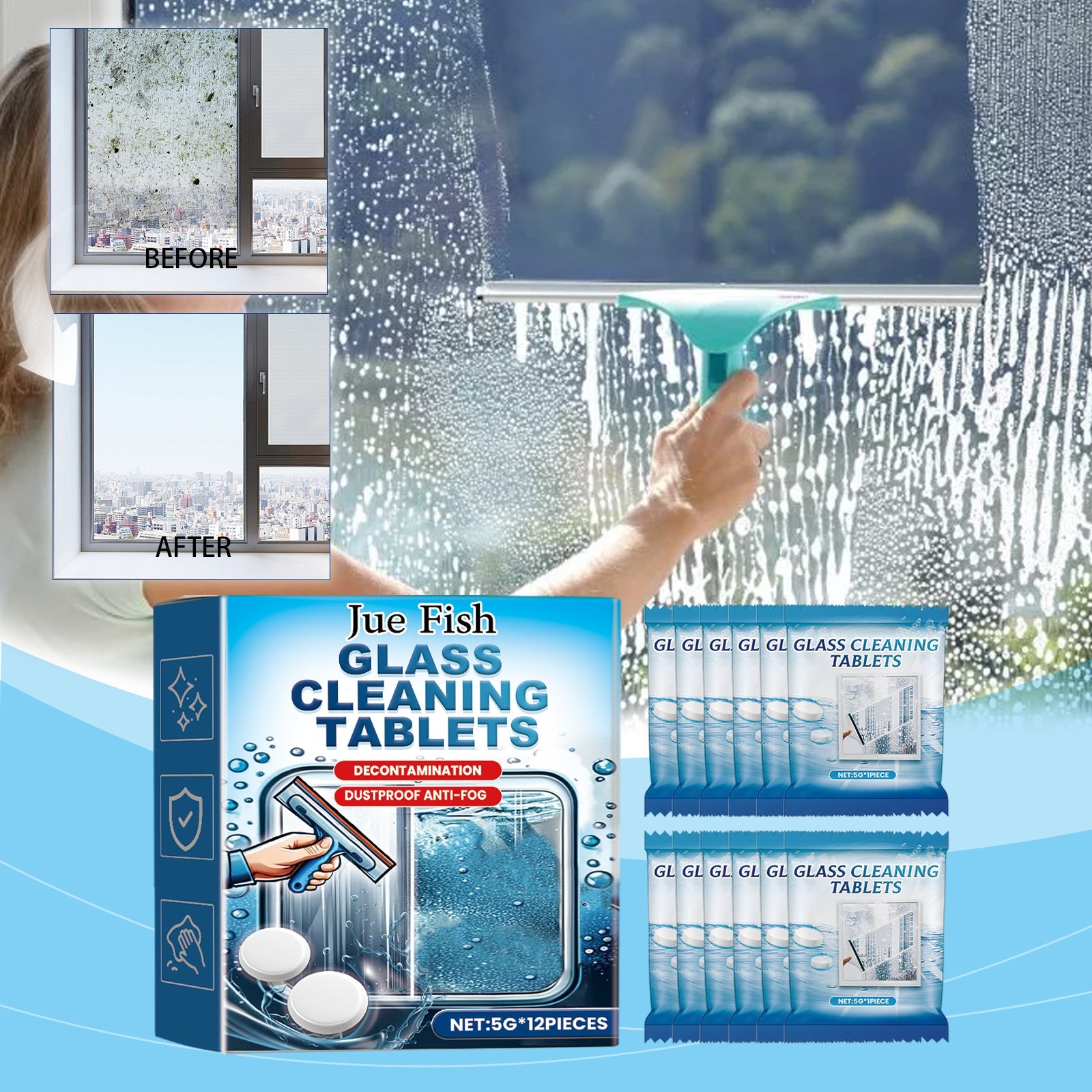 Glass Cleaning Effervescent Sheet, Door And Window Glass Scale Dust Stubborn Stains Clean Mirror Transparent
