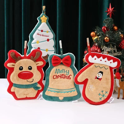 Christmas hand towel hanging style, new thickened coral fleece absorbent quick drying cloth, kitchen embroidery hand towel