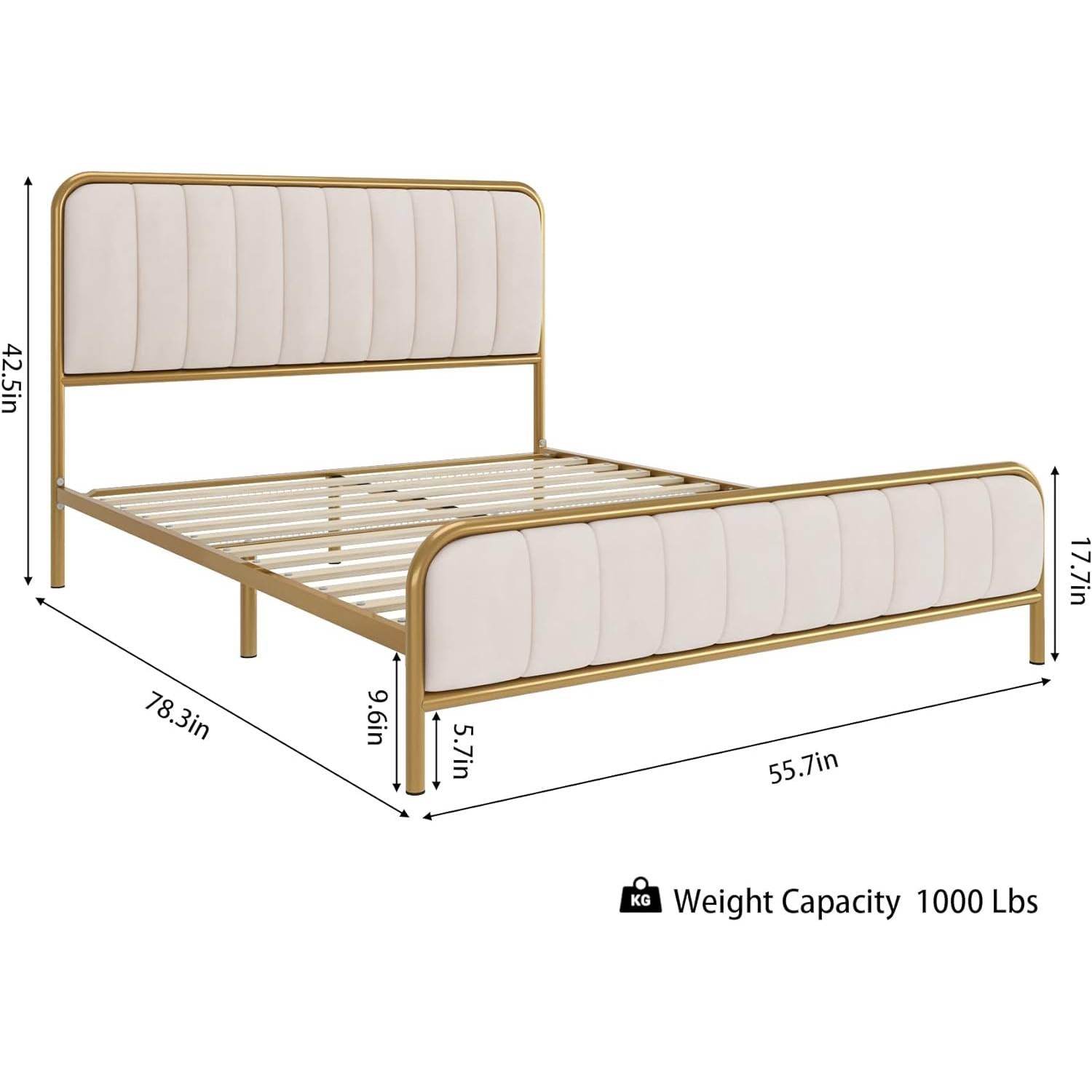 Full size Gold Metal Platform Bed Frame with Off-White Upholstered Headboard
