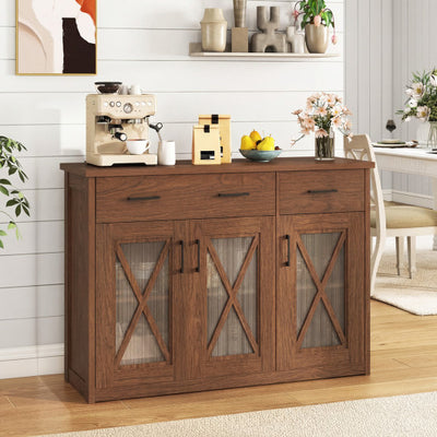 Farmhouse Buffet Sideboard 3-Door Kitchen Storage Cabinet with 2 Drawers-Brown
