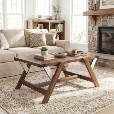 Farmhouse Center Table with Decorative Nailhead Accents for Living Room-Walnut