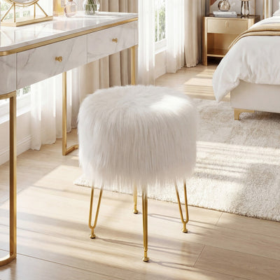 Faux Fur Vanity Stool Chair with Metal Legs for Bedroom and Living Room-White