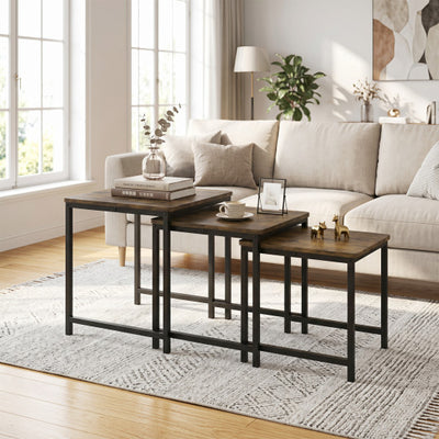 Faux Marble Nesting Table with Metal Frame Set of 3-Rustic Brown