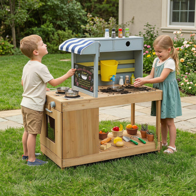 Fir Wood Kids Kitchen Playset with Canopy and Faucet-Natural