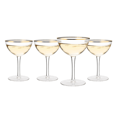 The Wine Savant Gold Rim Glasses 6 oz, Set of 4 Gold Rim Classic Manhattan Glasses For Martini, Cocktails, Champagne, Water & Wine - Classic Coupes Gilded Rimed, Crystal with Stems, Coupe