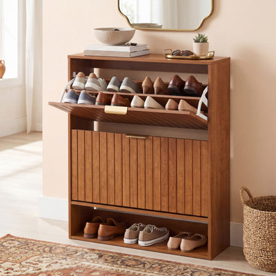 Fluted Hidden Shoe Cabinet with 2 Flip Drawers and Open Storage-Walnut