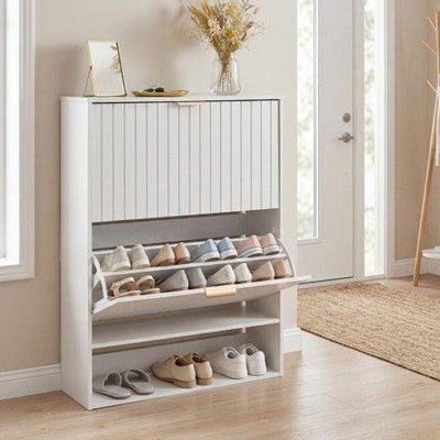 Fluted Hidden Shoe Cabinet with 2 Flip Drawers and Open Storage-White