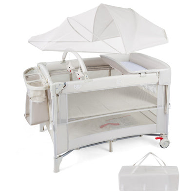 Foldable Baby Bassinet with 4 Adjustable Heights Changing Table and Mattress-Beige