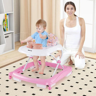 Foldable Baby Walker with 3 Adjustable Heights and Padded Seat-Pink