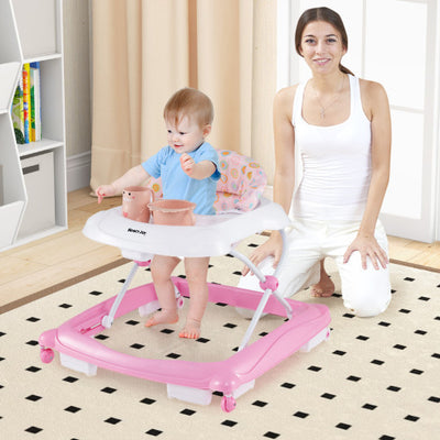 Foldable Baby Walker with 3 Adjustable Heights and Padded Seat-Pink