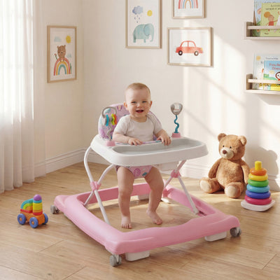 Foldable Baby Walker with Removable Seat and Adjustable Height for 6-12 Months-Pink