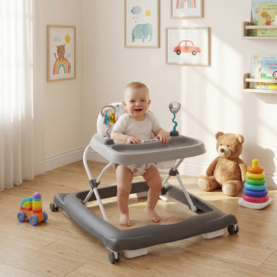 Foldable Baby Walker with Removable Seat and Adjustable Height for 6-12 Months-Gray