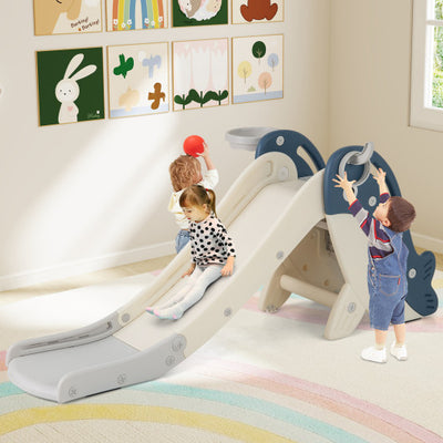 Foldable Freestanding Baby Slide Climber Playset with Basketball Hoop for Kids-Blue