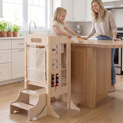 Foldable Toddler Step Stool Wooden Kitchen Standing Tower with 2-Step Stool