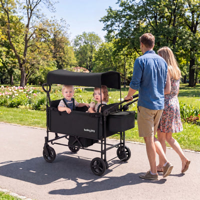 Foldable Wagon Stroller for 2 Kids with Removable Canopy and Adjustable Push Handle-Black