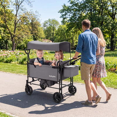 Foldable Wagon Stroller for 2 Kids with Removable Canopy and Adjustable Push Handle-Gray