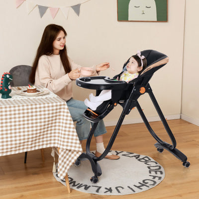 Folding Baby Dining High Chair with Adjustable Height and Recline-Black