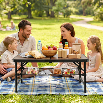 Folding Camping Table with Adjustable Heights Storage Net & Handle-Black & Brown