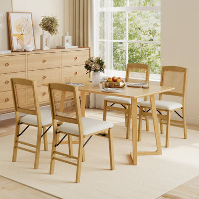 Folding Dining Chairs Set of 4 Rubber Wood Chairs with Linen Padded Seat-Natural