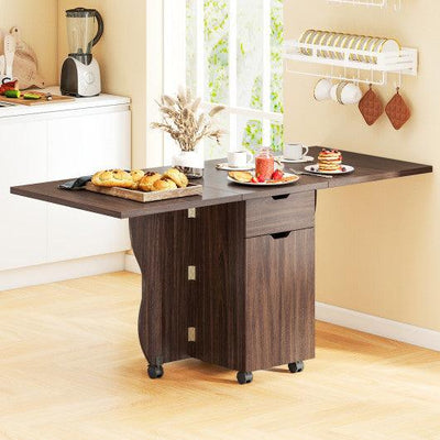 Folding Dining Table 3-in-1 Space-Saving Drop Leaf Kitchen Table with Lockable Wheels-Walnut