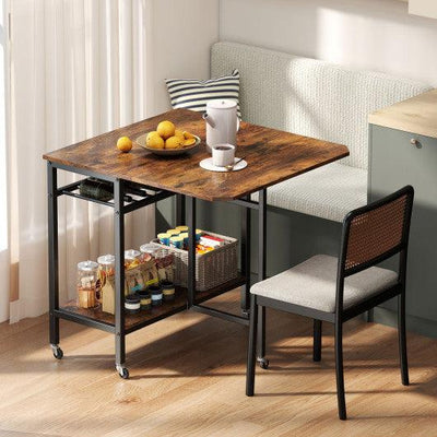 Folding Dining Table with Expandable Laptop with Wine Rack and Wheels-Rustic Brown