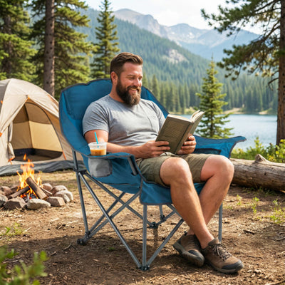 Folding Oversized Camping Chair with Side Pockets and Cup Holder-Blue