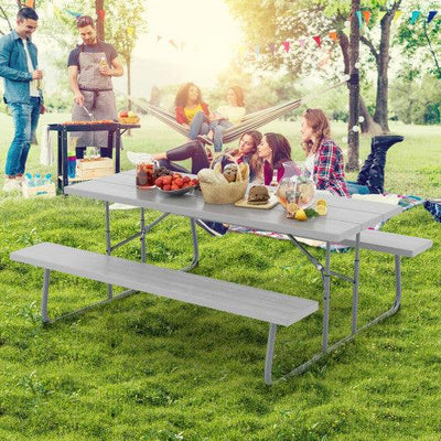 Folding Picnic Table Set with Metal Frame and All-Weather HDPE Tabletop Umbrella Hole-Gray