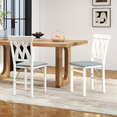 Folding Wooden Dining Chair Set of 2 Faux Leather Upholstered Kitchen Armless Chairs-White