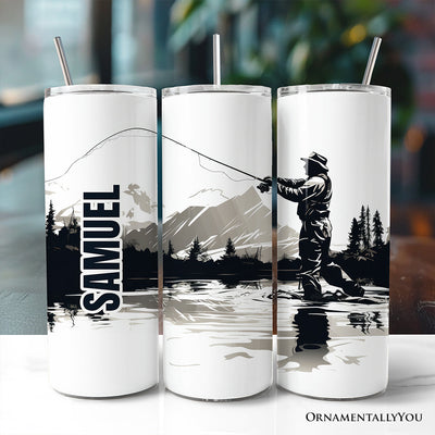 Fly Fishing Mountain Lake Scene 20oz Personalized Tumbler With Lid and Stainless Steel Straw, Angler Outdoor Adventure Gift Cup