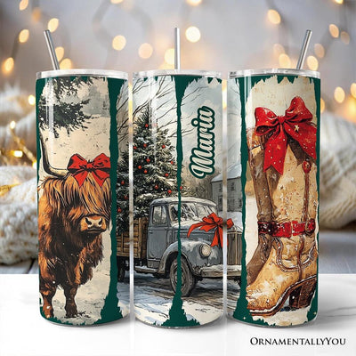 Small Town Christmas 20oz Personalized Tumbler With Lid and Stainless Steel Straw, Highland Cow Rustic Western Cowgirl Gift Cup