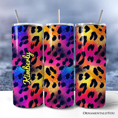 Vibrant Neon Leopard Print 20oz Personalized Tumbler With Lid and Stainless Steel Straw, Retro Rainbow Animal Pattern Gift Cup