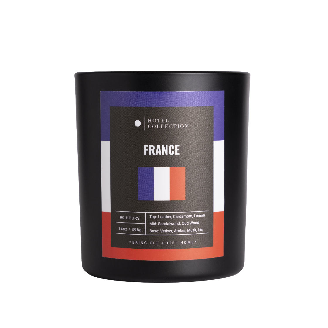 Candle with 'France' label and Hotel Collection branding on a white background