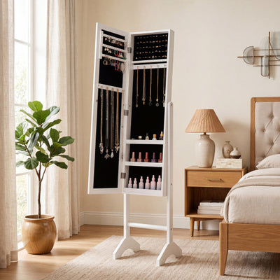 Freestanding Jewelry Armoire with Velvet Lining and Full Length Mirror-White