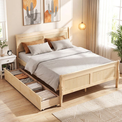 Full Size Bed Frame with 2 Storage Drawers and Footboard for Kids Teens Adults-Natural