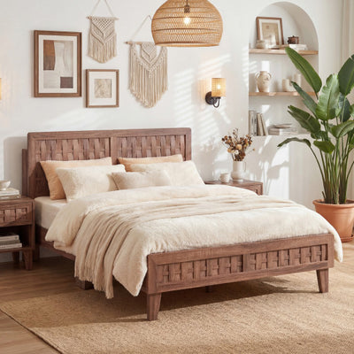 Full Size Bed Frame Mid Century with Woven Accent Headboard