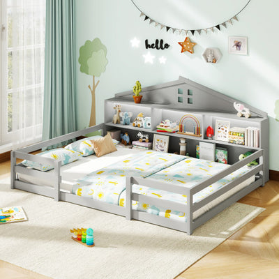 Full Size Montessori Floor Bed with Storage Compartments and Shelf-Gray