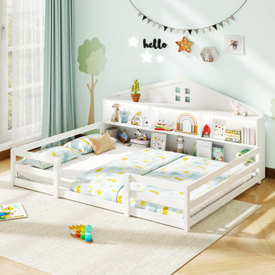 Full Size Montessori Floor Bed with Storage Compartments and Shelf-White