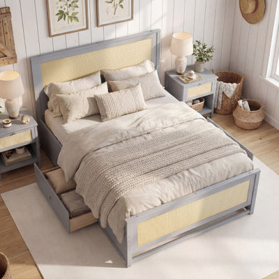Full Size Rattan Bed Frame with Storage Drawers-Gray