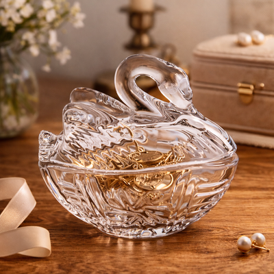 Crystal Glass Swan Dish with Lid