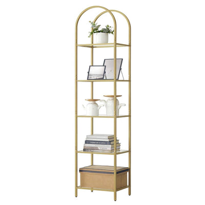 Arched Top Gold Metal Display Rack Narrow Bookcase with 5 Glass Storage Shelves