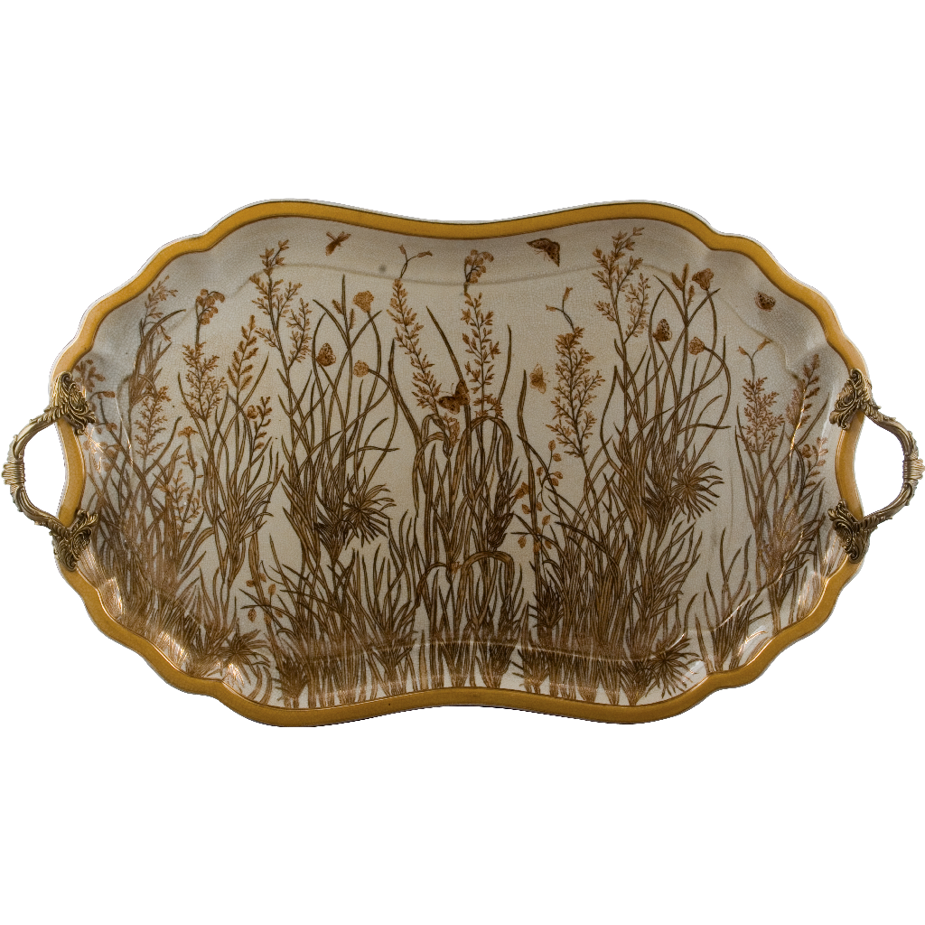 GOLD DUSK PORCELAIN TRAY WITH BRONZE ORMOLU HANDLES