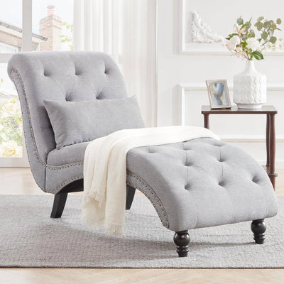 Grey Linen Upholstered Armless Chaise Lounge Chair with Pillow