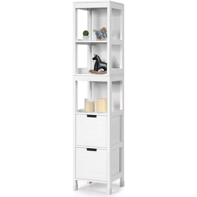 Bathroom Cabinet Tower with 2 Storage Drawers and 3 Shelves in White Wood Finish