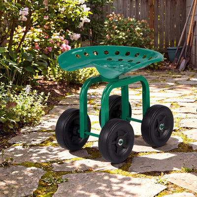 Garden Rolling Workseat with 360°Swivel Seat and Adjustable Height-Green