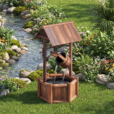 Garden Rustic Wishing Well Wooden Water Fountain with Pump